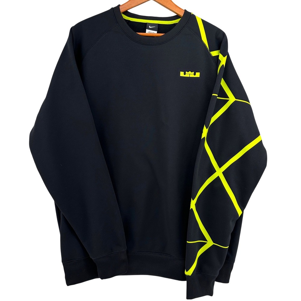 2012 Nike LeBron James Crewneck Sweatshirt Black Neon Yellow Geometric Mens XXL